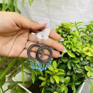 Bohemian Silver Hoop Earrings with Blue Beads – Oxidized Finish