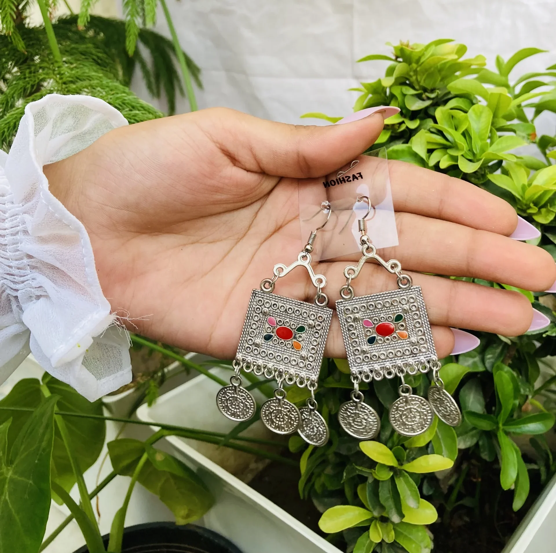 Bohemian Square Coin Drop Earrings – Silver Oxidized